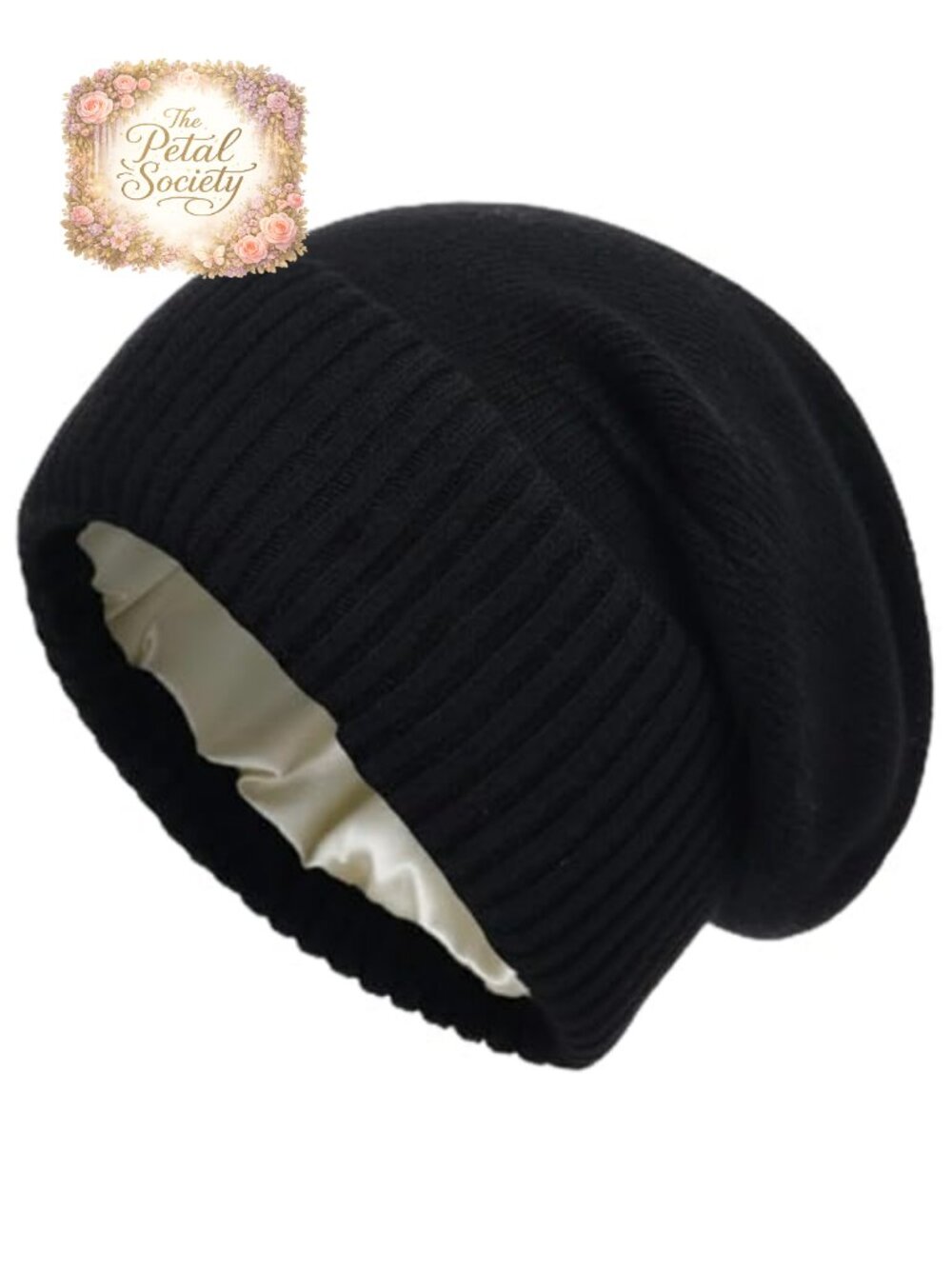 Satin Lined Slouchy Beanie Winter Hat for Women Soft Ribbed Knit